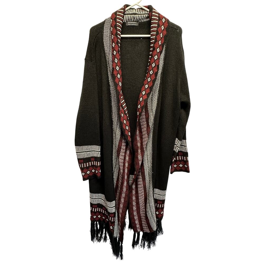 BloomChic Oversized Fringe Knit Cardigan Boho Western Cozycore Plus Size 14–16